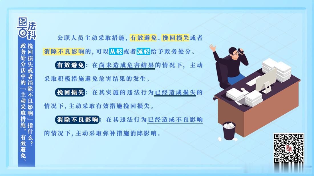 【纪法百科丨政务处分法中的“主动采取措施，有效避免、挽回损失或者消除不良影响”指什么？】《中华人民共和国公职人员政务处分法》第十一条是关于从轻或者减轻政务处分情节的规定，体现了惩前毖后、治病救人的方针和实事求是、过罚相当的原则，既是对公职人员的严格要求， 也是对公职人员的教育、帮 ​