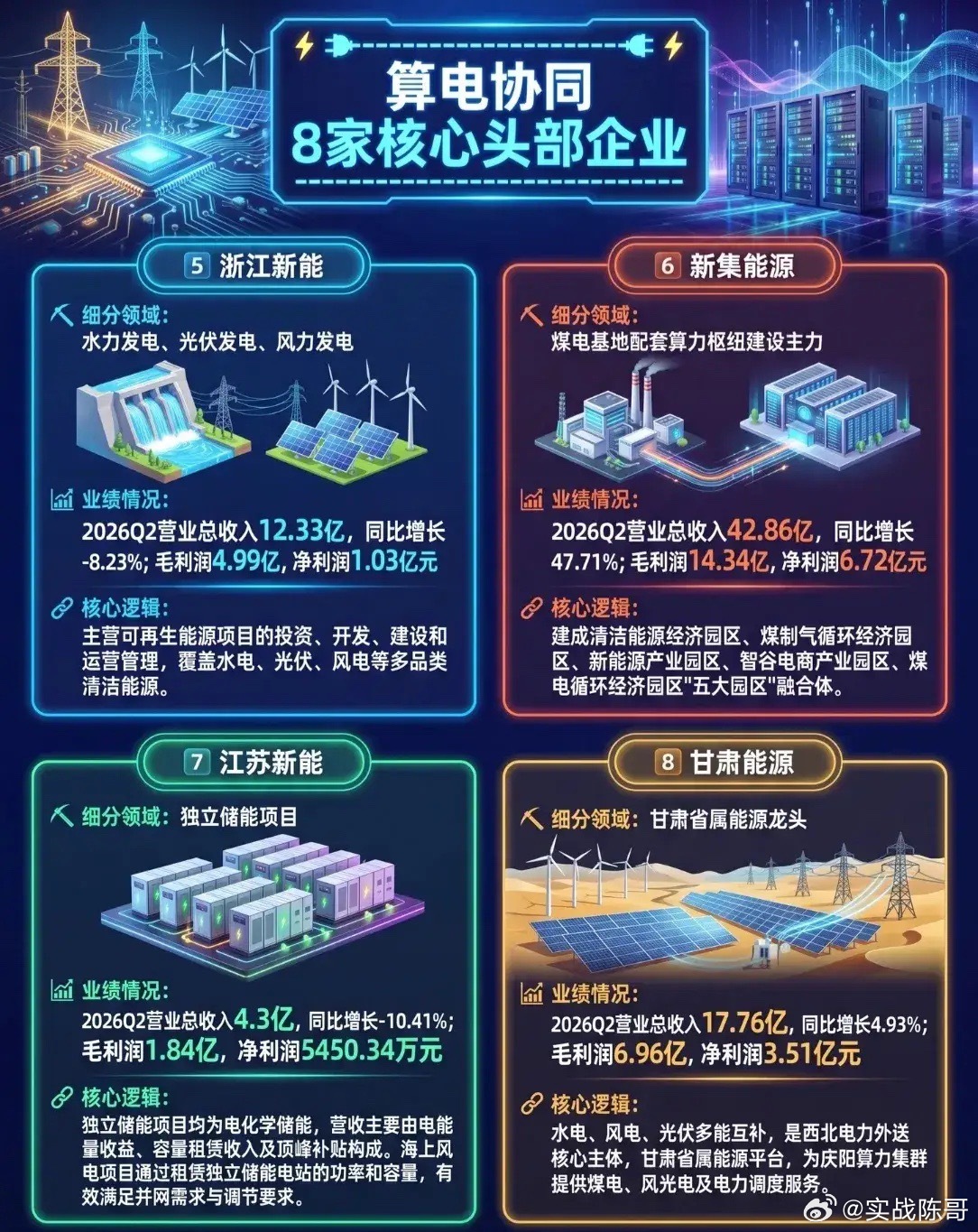 【算电协同】8家核心头部企业盘点！AI算力爆发，电力成“卖铲人”🔋🖥️

随着“东数西算”推进，算力与电力协同成核心赛道。江海证券梳理的8家头部企业值得关注（截至2026.9.11）：

🌬️风光光伏：中闽能源（陆风/光伏）、浙江新能（水/光/风）、甘肃能源（西北多能互补外送）。

💧水电绿电 ​
