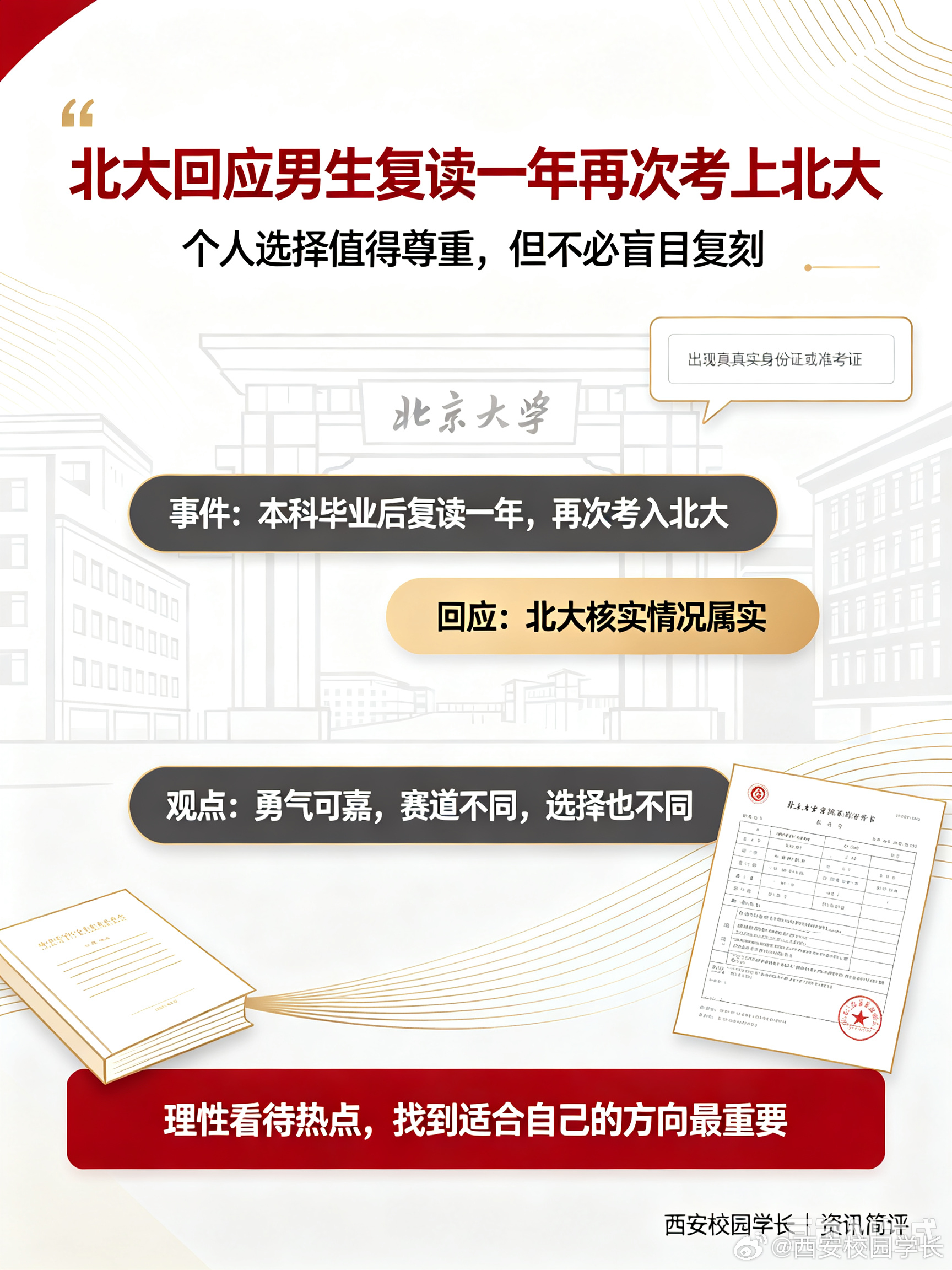 北大回应男生复读一年再次考上北大网传一名男生北大本科毕业后，复读一年再度考上北大引发热议。北大对此作出回应，证实相关情况属实。这件事在学生群体里争论不断，有人佩服勇气，也有人觉得浪费教育资源。复读再冲顶尖学府，是个人选择，但每个人的人生赛道不一样，不必照搬这种模式。在校学子还是要理性看待，不用盲目效仿，找到适合自己的方向最重要。北大回应男生复读一年再次考上北大