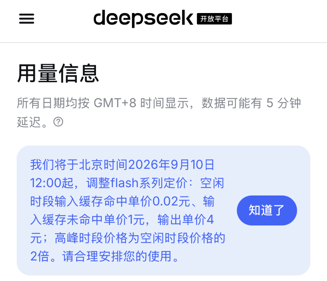 DeepSeek于9月10日12:00起正式下调Flash系列模型API定价，闲时输入缓存命中价格从每百万token 0.05元降至0.02元，降幅达60%；缓存未命中输入从1.5元降至1元，输出从4.5元降至4元。高峰时段（工作日9:00-12:00、14:00-18:00）为闲时价格的2倍，其余时段均按闲时计费。

与此同时，V4.1 Flash中间版本已 ​