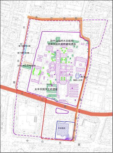 《南京总统府历史文化街区保护规划（2021—2028 年）》批后公布的保护规划图。 ​
