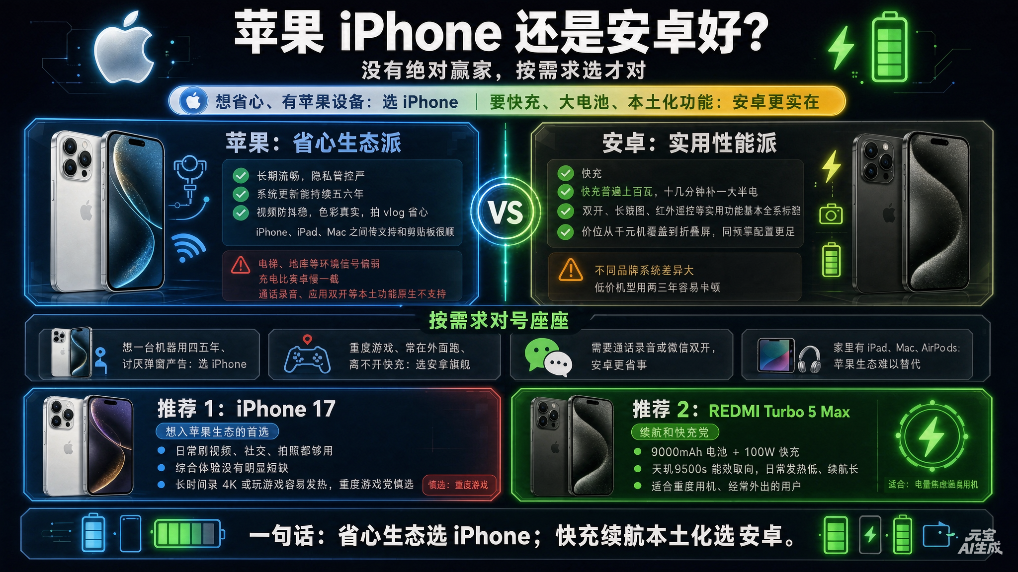 想省心、有苹果设备就选 iPhone；要快充、大电池、本土化功能，安卓更实在。 两台主力机各有取舍，没有绝对的赢家。

一、苹果强在哪，弱在哪

- 长期流畅、隐私管控严，系统更新能持续五六年。
- 视频防抖稳、色彩真实，拍 vlog 省心。
- iPhone、iPa