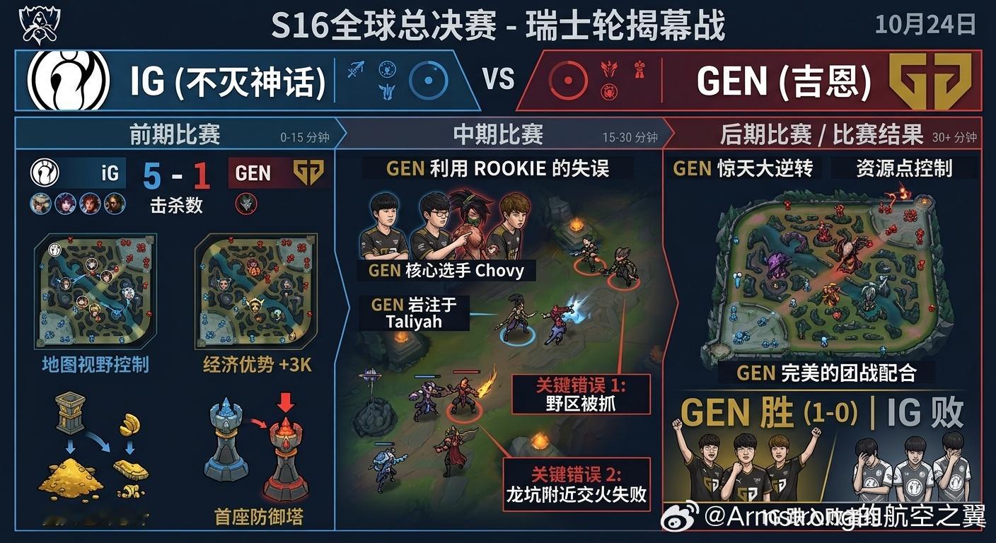 #GEN翻盘iG# 在10月24日凌晨进行的S16全球总决赛瑞士轮揭幕战（BO1）中，LPL四号种子iG与LCK一号种子GEN交手，最终iG不敌GEN落败。

iG在比赛前期通过积极打团打出了5-1的人头比优势。比赛中后期，iG中单Rookie（选出天肥阿萝拉/阿卡丽）出现关键掉点失误。GEN抓住机会，打野Canyon（奇亚娜）与中单Cho ​