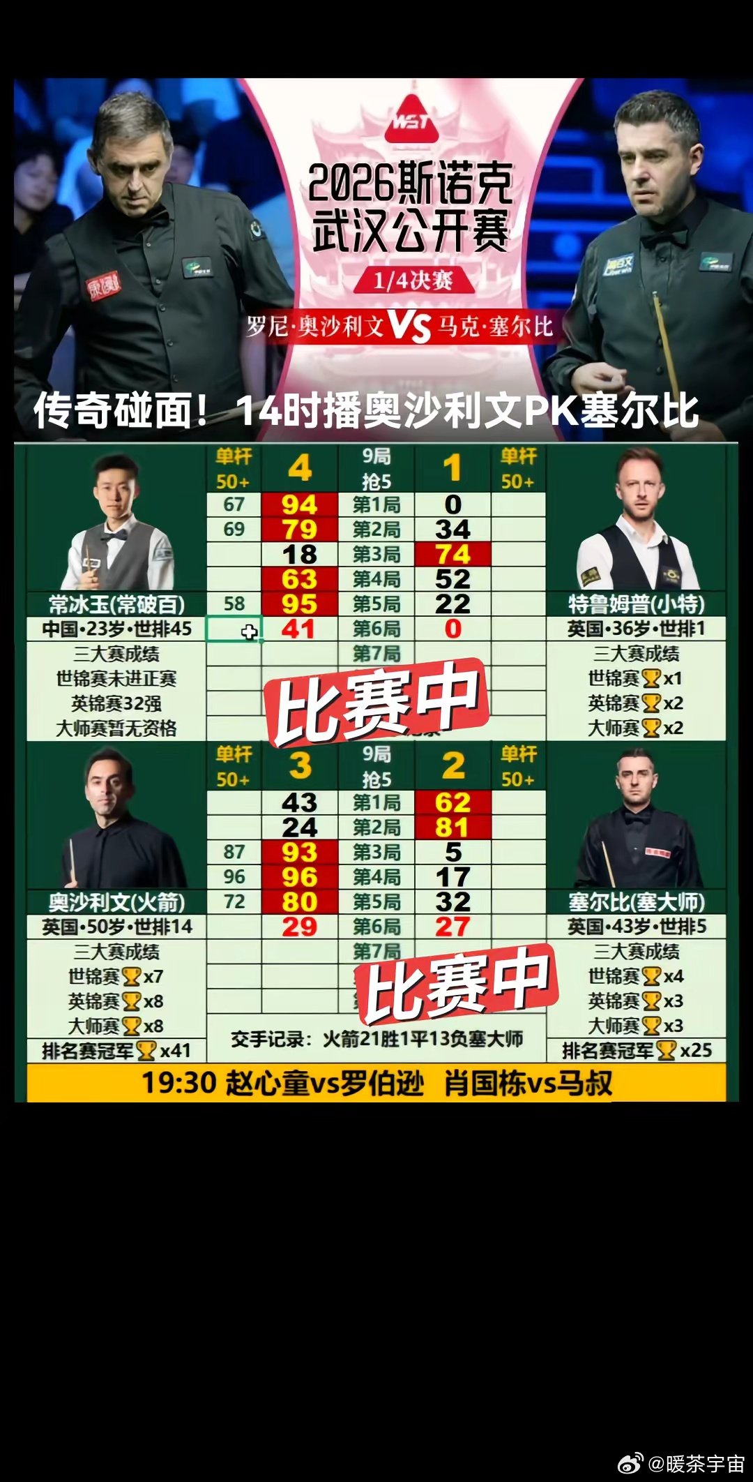 2026斯诺克武汉公开赛赛程：火箭奥沙利文对阵塞尔比，常冰玉迎战特鲁姆普。 ​