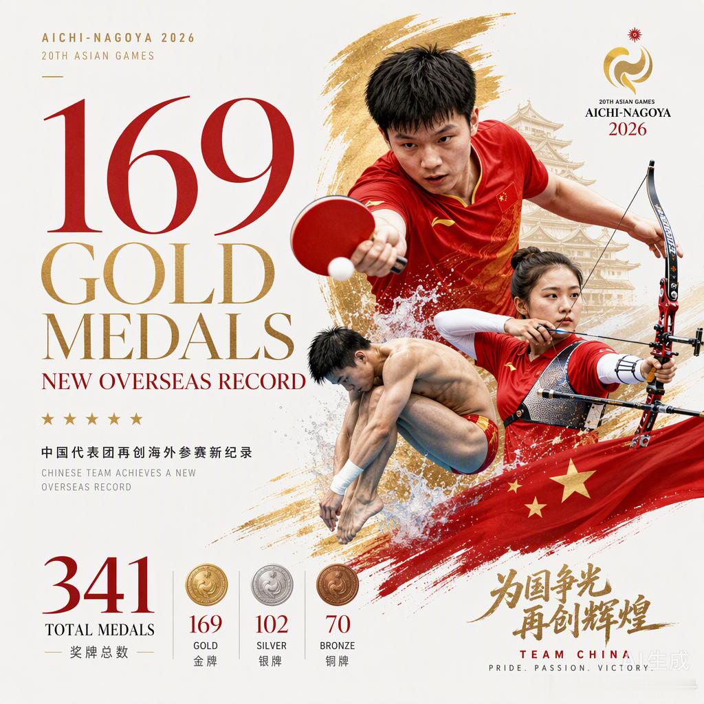 169金，境外参赛新纪录。

爱知·名古屋亚运会落幕，中国队把金牌榜和奖牌榜第一稳稳揣进兜里。比起2006年多哈的165金，这次多了4块，看着不多，但在别人家门口拼出来的每一块都带着狠劲。

乒乓球、跳水这些传统强项依旧稳如泰山，高尔夫、射箭这些项目也冒了头。官方那句“赛场有终章，拼搏无止境”挺 ​