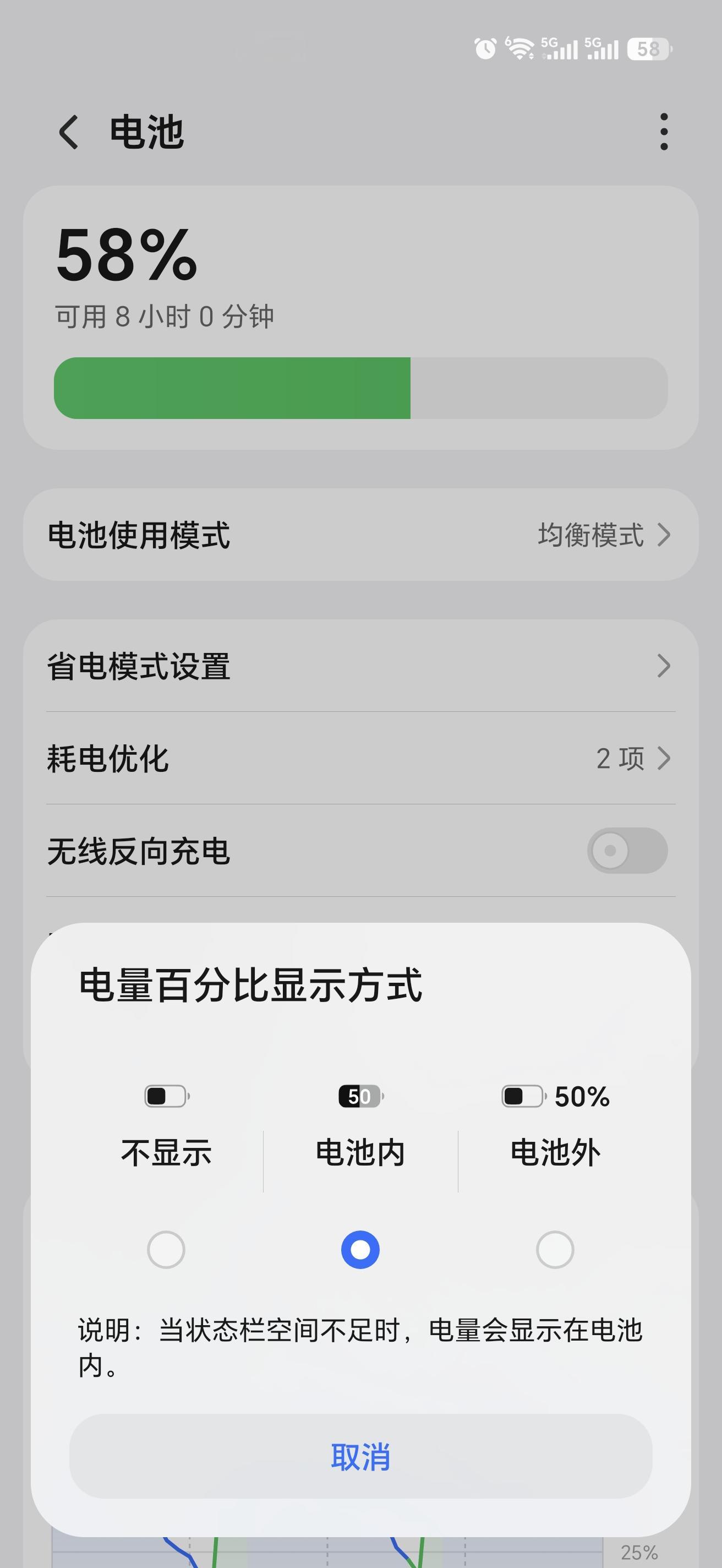 因为寸土寸金的原因，iPhoneDuo外屏三合一图标，外圈电量、中间WiFi、底部信号，确实节省了有限的空间，但是外圈的电量弧形，确实无法精准的记录剩余电量。日常使用荣耀手机MagicOS系统，电量百分比的显示方式有三种：不显示、电池内显示、电池外显示。我自己习惯选择电池内显示，既保证了交互性的视觉
