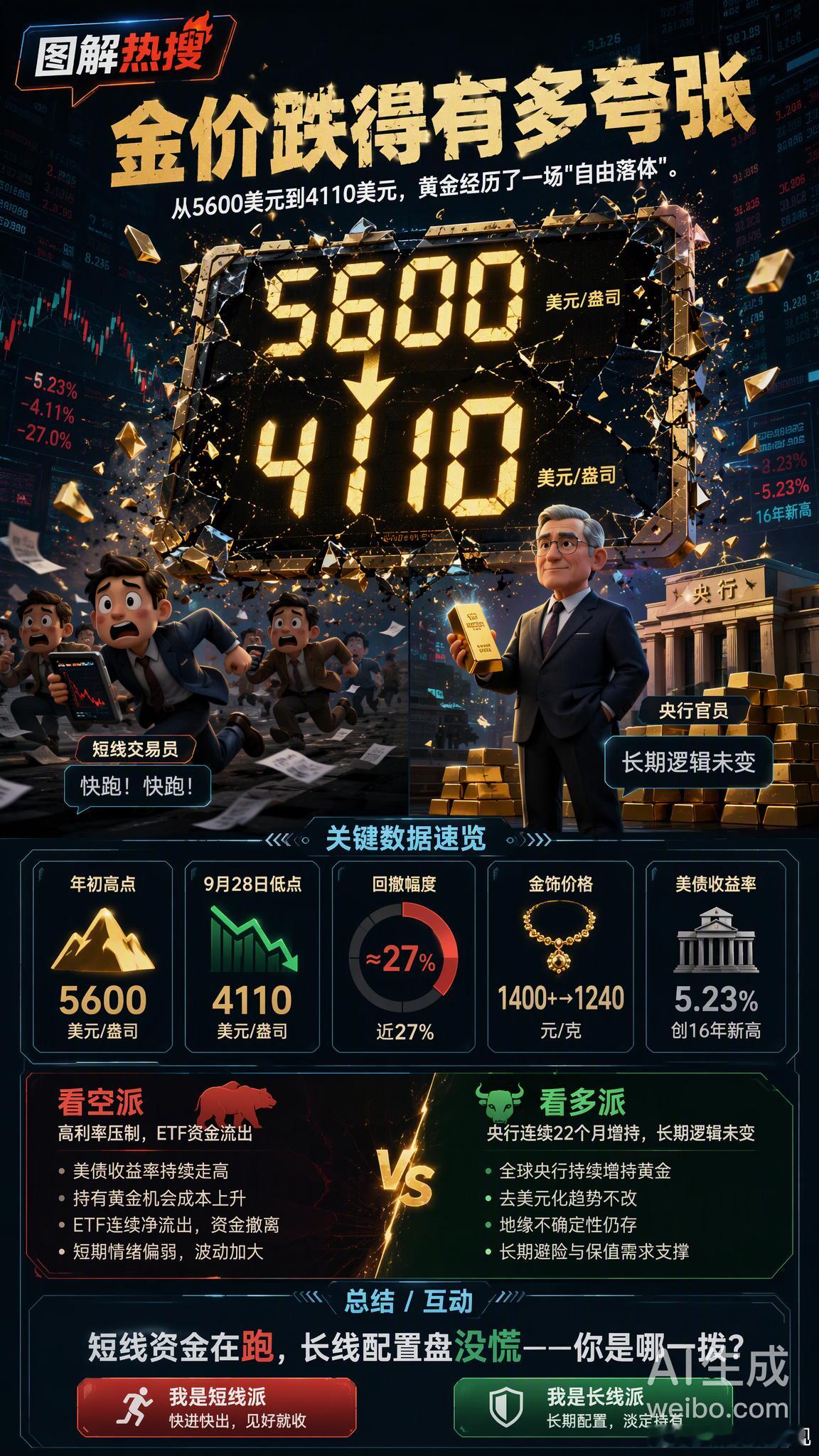 金价这叫跌？2026年8月国际金价从年初5600美元/盎司的高点掉到4200附近，回撤25%，一帮人喊着抄底，可往前翻，2025年这会儿才3300。跌的是这两个月追高进去的，赚的是三年前300多一克囤金条的。本质就一条：黄金不产利息，涨全靠避险情绪和降息预期撑着，美联储一放鹰、地缘一缓和，钱立马抽走。有人喊 ​