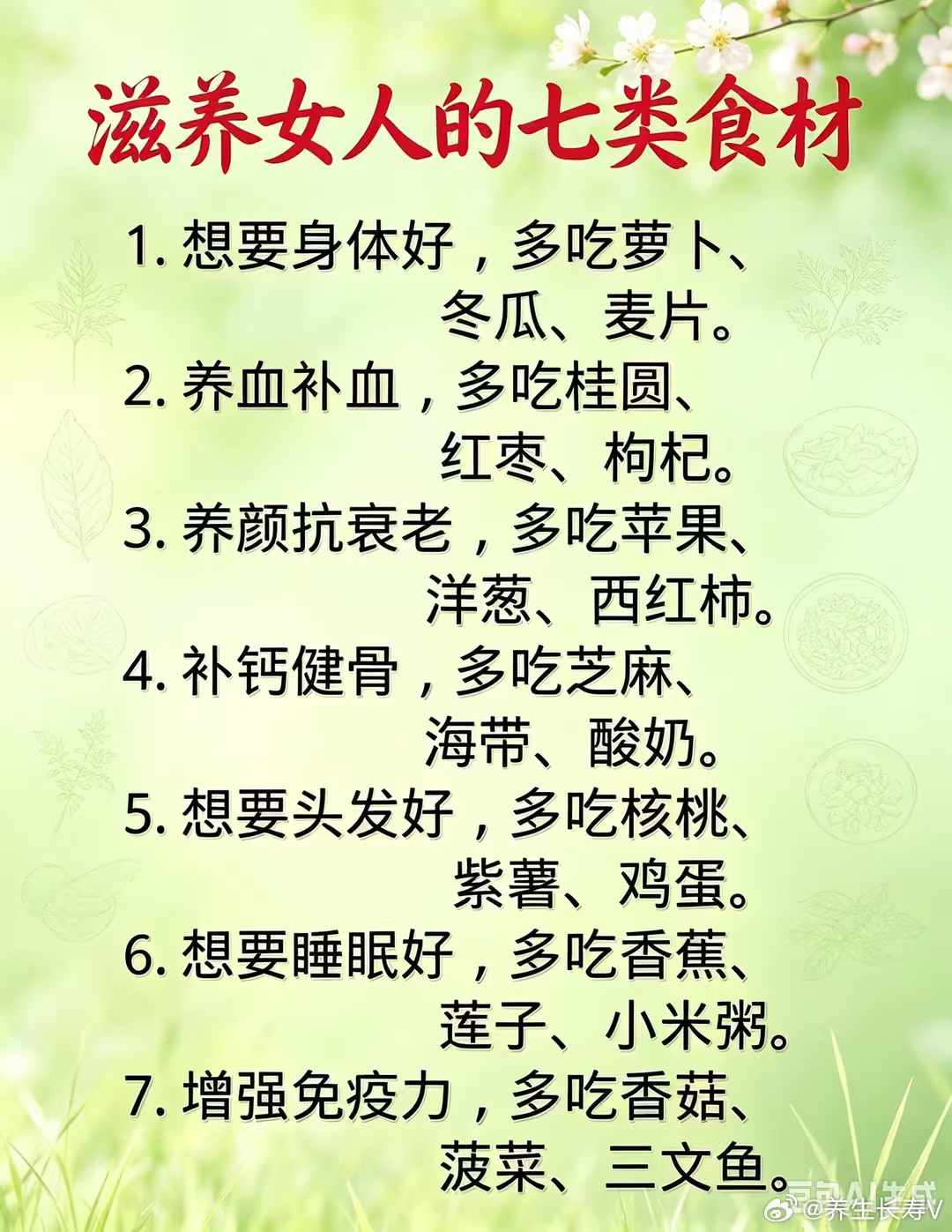 滋养女性的7类家常食材收好
✨女生日常食补不用乱花钱
普通食材坚持吃，由内调养👇
🥬体质调理｜萝卜 冬瓜 麦片
🩸养血补气｜桂圆 红枣 枸杞
🍎养颜抗衰｜苹果 洋葱 西红柿
🦴补钙健骨｜芝麻 海带 酸奶
💇养发固发｜核桃 紫薯 鸡蛋
😴改善睡眠｜香蕉 莲子 小米粥
🛡提升抵抗力｜香菇  ​