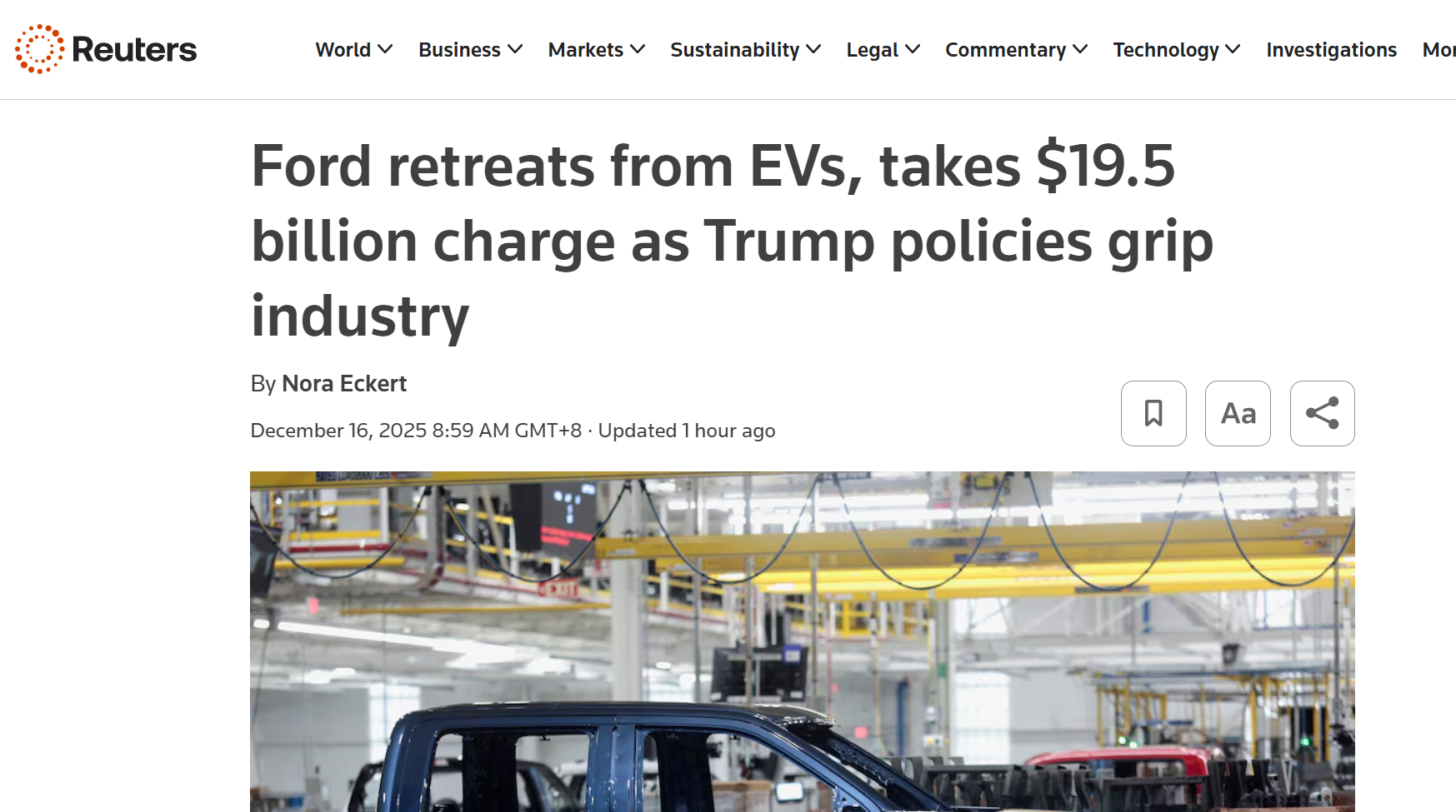 福特叫停大型纯电项目转向混动与增程领域 来源：环球网 【环球网科技综合...