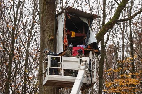 德國環保人士抗議森林裡建高速 警察爬樹上抓人-圖4