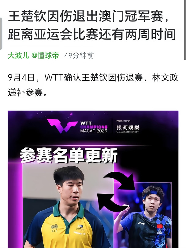 ❗王楚钦空将因伤缺席亚运会🚨🙏🏻
