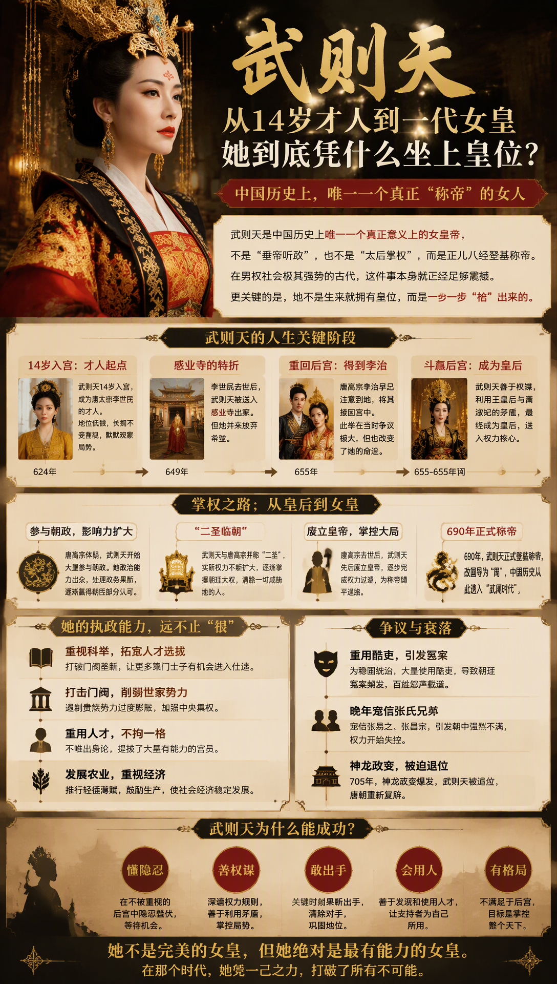武则天：从14岁才人到一代女皇，她到底凭什么坐上皇位？

 中国历史上，唯一一个真正“称帝”的女人

提到武则天，很多人的第一印象都特别复杂。

有人觉得她心狠手辣；
有人认为她能力超群；
还有人直接把她看成“古代大女主天花板”。

但不管喜欢还是争议，有一点无法否认：

武则天是中国历史上
