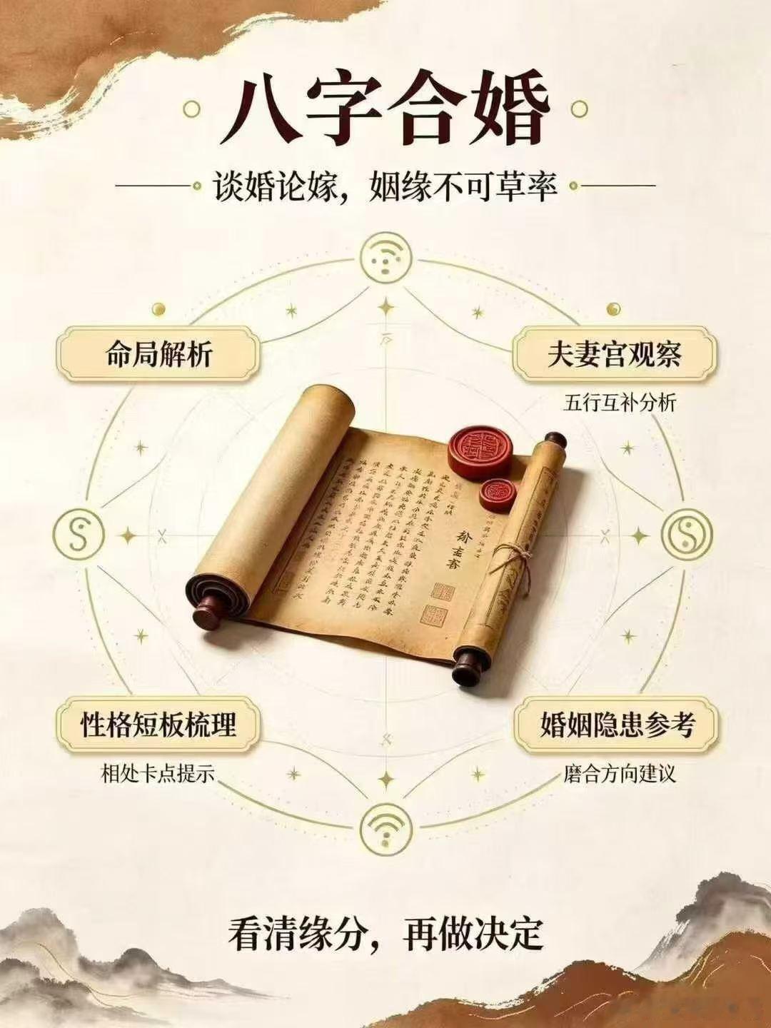 谈论婚‬嫁，姻不缘‬可草率。八合字‬婚析解‬两命人‬局，看夫妻宫、五行互补，看彼清‬此的格性‬短板相与‬处卡点。缘分‬深浅、婚隐姻‬患、未来合磨‬方向，帮理你‬性看感待‬情，少走情感‬弯路。 ​​​