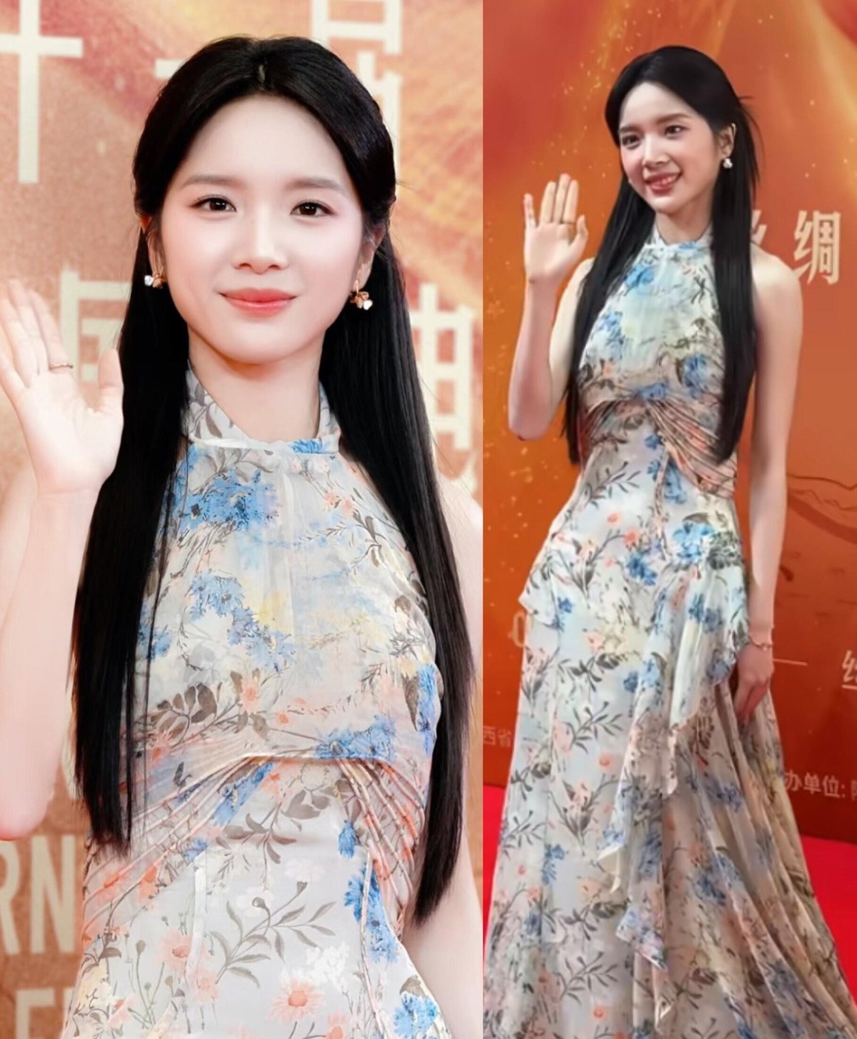 红毯上的灯一亮，李思潼就把“清丽”二字演活了。水墨碎花晕染在长裙上，拖尾随步伐轻扬，像把江南烟雨穿进了长安夜色。半扎长发露出干净肩颈，淡雅妆容衬得她眼神明亮，不刻意博关注，却让人挪不开视线。从银幕里走来的“南枝”，如今以青年大使身份站在丝路红毯上，依旧温柔舒展。原来真正高级的美，不必喧哗，一个回眸就