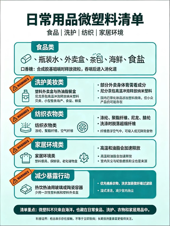 慎入⚠️人人体内都有微塑料！最全避坑清单（含口香糖）
权威研究证实：人体血液、肺部、胎盘、大脑、母乳中，全部检出微塑料。
不是危言耸听，我们每天吃饭、喝水、呼吸，都在持续摄入！整理一份科学、不焦虑、超实用的微塑料科普+避坑指南✅
什么是微塑料？
▪️微塑料：粒径＜5mm的塑料颗粒
▪️纳米塑料＜1μm（肉眼看不见，最危险！）
纳米塑料可穿透人体全部屏障，一旦蓄积，很难排出，是长期隐形健康隐患。
日常微塑料重灾区（含口香糖）
🍜食品类（最大来源）
▪️口香糖：基底就是合成塑料，咀嚼持续摄入微粒
▪️瓶装水、暴晒桶装水、塑料盒热外卖
▪️海鲜贝类、食盐、蜂蜜、蔬菜
▪️尼龙茶包开水冲泡（释放数十亿纳米塑料）
👕日用品&衣物
▪️涤纶、尼龙化纤衣服（洗衣脱落大量塑料纤维）
▪️老式磨砂牙膏、进口磨砂洗护产品
🏠环境隐形来源
室内灰尘、塑料厨具、老化塑料制品、道路粉尘
人体三大暴露途径
1. 消化道（90%）：饮食、塑料容器溶出、误食灰尘
2. 呼吸道：化纤纤维、悬浮粉尘持续吸入
3...