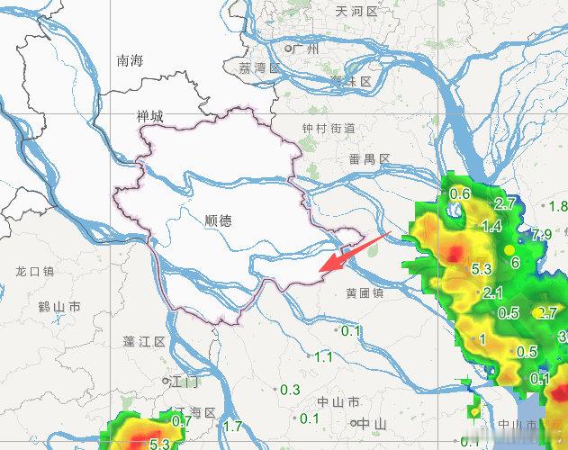 【顺德雷雨警报】受南沙方向西移的雷雨云团影响，预计未来1小时我区南部镇街有雷阵雨，局部雨势较大，请注意防御。顺德气象台2026年9月10日20时15分发布 ​