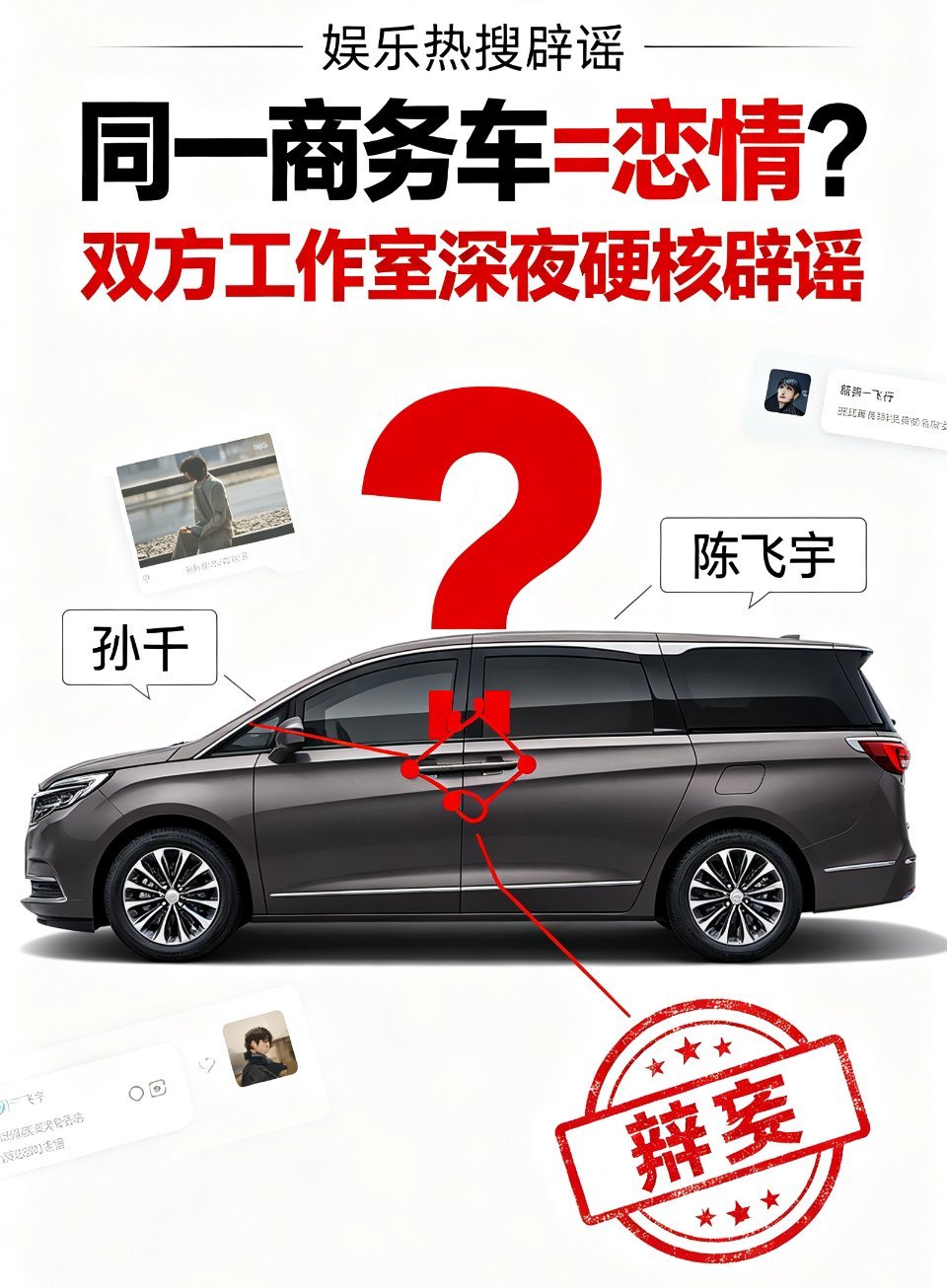 孙千与陈飞宇因先后使用同一辆商务车被网友脑补出恋情，双方工作室9月27日深夜火速辟谣，一句“别来沾边”和“纯扯，无妄之灾”直接怼上热搜。  一、一辆商务车如何被“拼”成恋情实锤- 爆料源头：有网友扒出