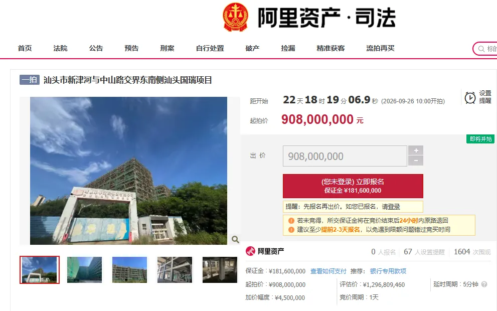 汕头国瑞医院项目，规划2000张床位、投资35亿元，定位三级甲等，2017年开工，2023年停工，现于2026年9月以9.08亿元起拍（评估价近13亿）。投资方国瑞健康因资金不足导致烂尾，设置批准书已过期，汕大附一无接手计划。

评价：房地产企业跨界办医，虽愿景宏大，但资金链脆弱、回报周期长，叠加调