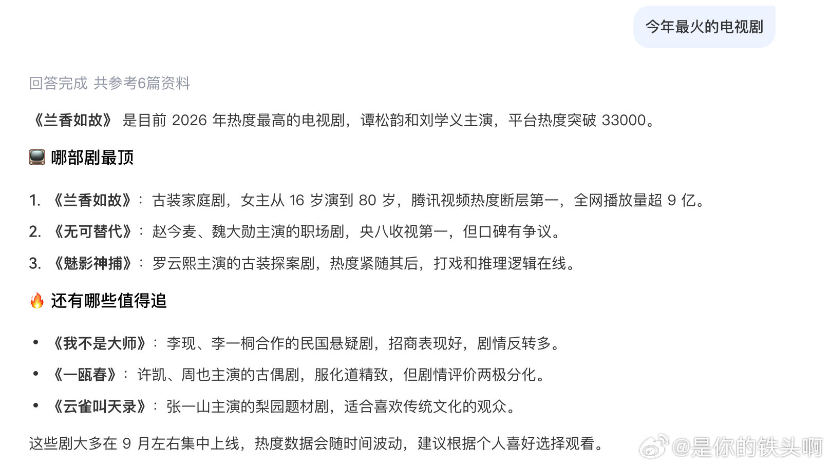 #谭松韵十项入围视界大会# 今年最火的电视剧，问了三个ai都提到了谭松韵的《兰香如故》，那说明是真🔥了。 ​