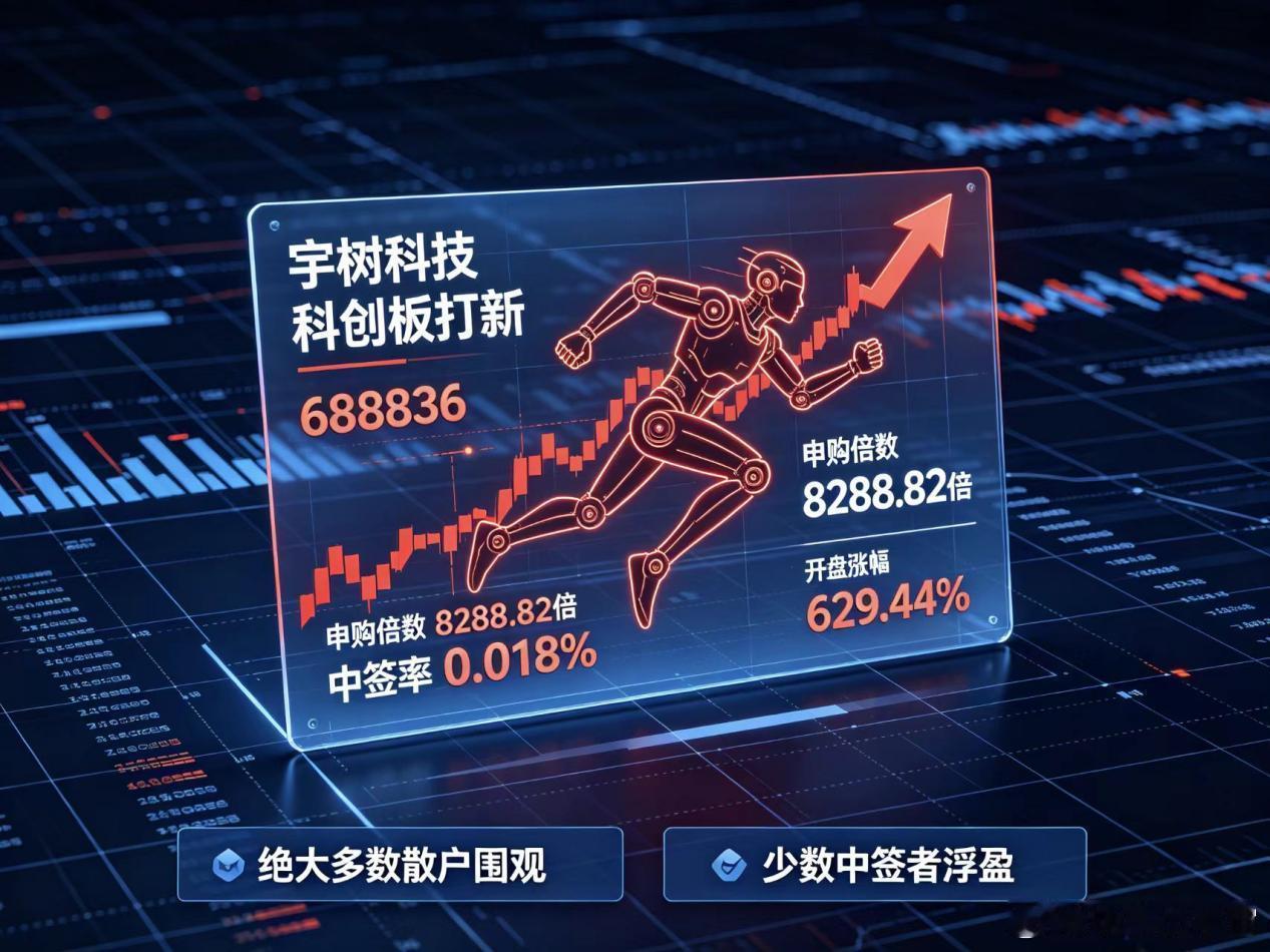 978万人抢筹，仅1.94万人中签

宇树科技打新刚落幕，数据扎心了。8月10日公布的申购结果显示，978.46万户散户参与申购，申购倍数达8288.82倍创科创板历史新高，但最终中签率仅0.01809759%——每1万个申购配号中中签不足2个。换句话说，978万人里只有约1.94万人中签，中一签需缴款7.54万元。

8月19日宇 ​