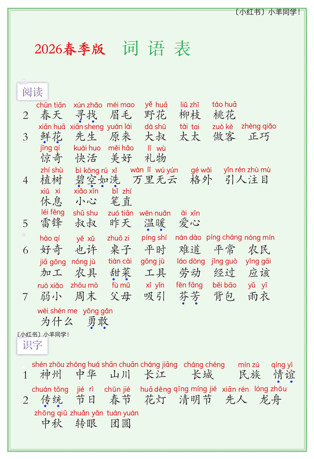 二年级下册丨词语表+写字表+识字表【新版】