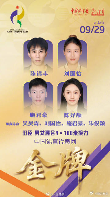 【祝贺！#中国队包揽3块百米接力金牌#】#17岁陈妤颉3金1银##中国队4x100混接夺冠#当地时间9月29日晚，在瑞穗公园陆上竞技场进行的名古屋亚运会田径混合4×100米接力决赛中，由陈锦丰、刘国怡、施君豪和陈妤颉组成的中国队以40秒78的成绩夺得冠军，包揽了本届亚运会男、女子及混合4×100米接力的全部3枚金 ​