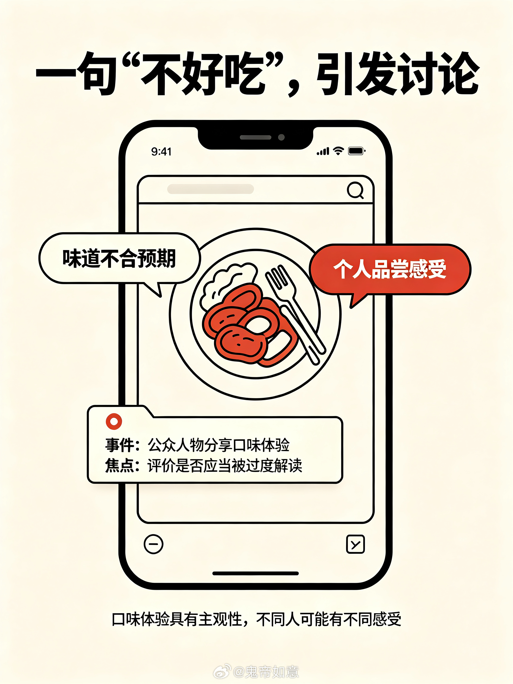 #野人先生回应罗永浩说难吃#【口味本无标准答案，公众人物也有评价食物的自由，不能因为人家是公众人物，就连评价食物的资格都没有】
罗永浩只是客观分享品尝后的个人感受，评价食物好不好吃，本来就是普通人都拥有的表达权利。
不能因为公众人物自带流量，评价口味这件事，就被无限放大，甚至被品牌紧 ​