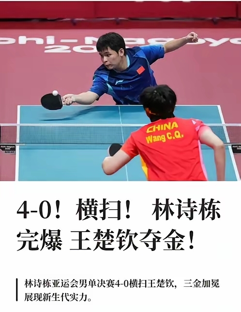 林诗栋亚运男单夺冠，4-0大比分赢了王楚钦，但是他在被采访时一脸的愁[捂脸]
然后全网到处在刷屏“德国梗”，估计以后他的路子就是远赴德国，因为前有樊振东[捂脸]