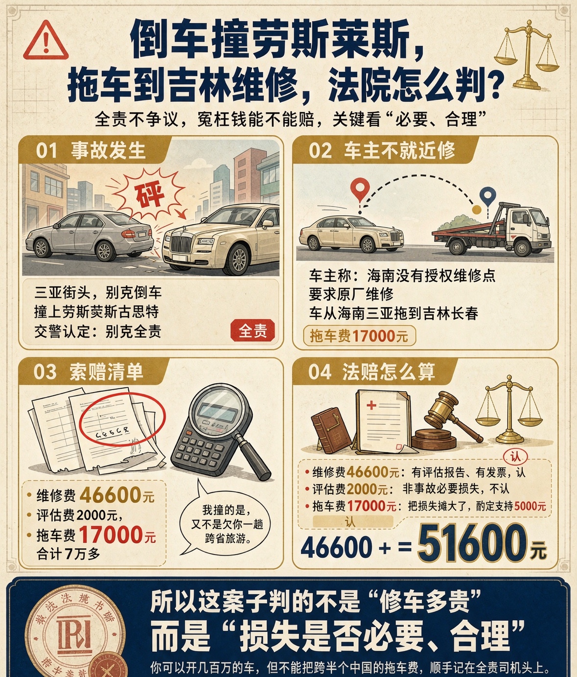 海南撞了劳斯莱斯，吉林才能修？1.7万拖车费该谁买单，判决书说透了

倒车“砰”一声，后头不是普通车——是劳斯莱斯古思特。

海南三亚，90后小伙开别克倒车，把一辆劳斯莱斯右前脸怼伤。交警一眼定性：别克全责，没跑。

按说修车就完事了，可接下来这操作，才是真“豪车逻辑”：

车主说海南没有这个品牌的