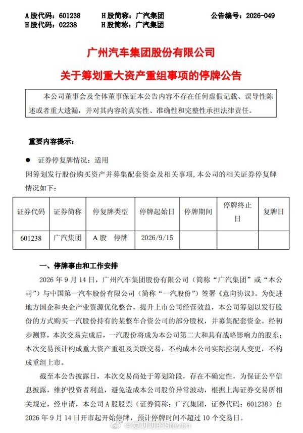 一汽 入股 广汽，成为广汽第二大股东，具有战略决策权。
#广汽 重组# ​