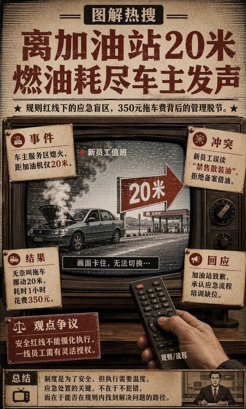 #离加油站20米燃油耗尽车主发声#
这件事真的又离谱又无奈，车主就差短短二十米就能加油，结果车子彻底没油熄火。本来只是临时疏忽忘了提前加油，谁也没想到就近在咫尺的加油站，却没办法解决问题，最后陷入进退两难的尴尬境地。 ​