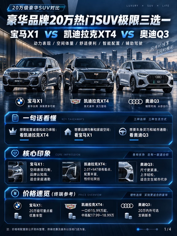 20万预算买豪华SUV，宝马X1、凯迪拉克XT4、奥迪Q3到底怎么选？ #宝马X1  #凯迪拉克XT4 #SUV对比  #买车推荐  #豪华SUV