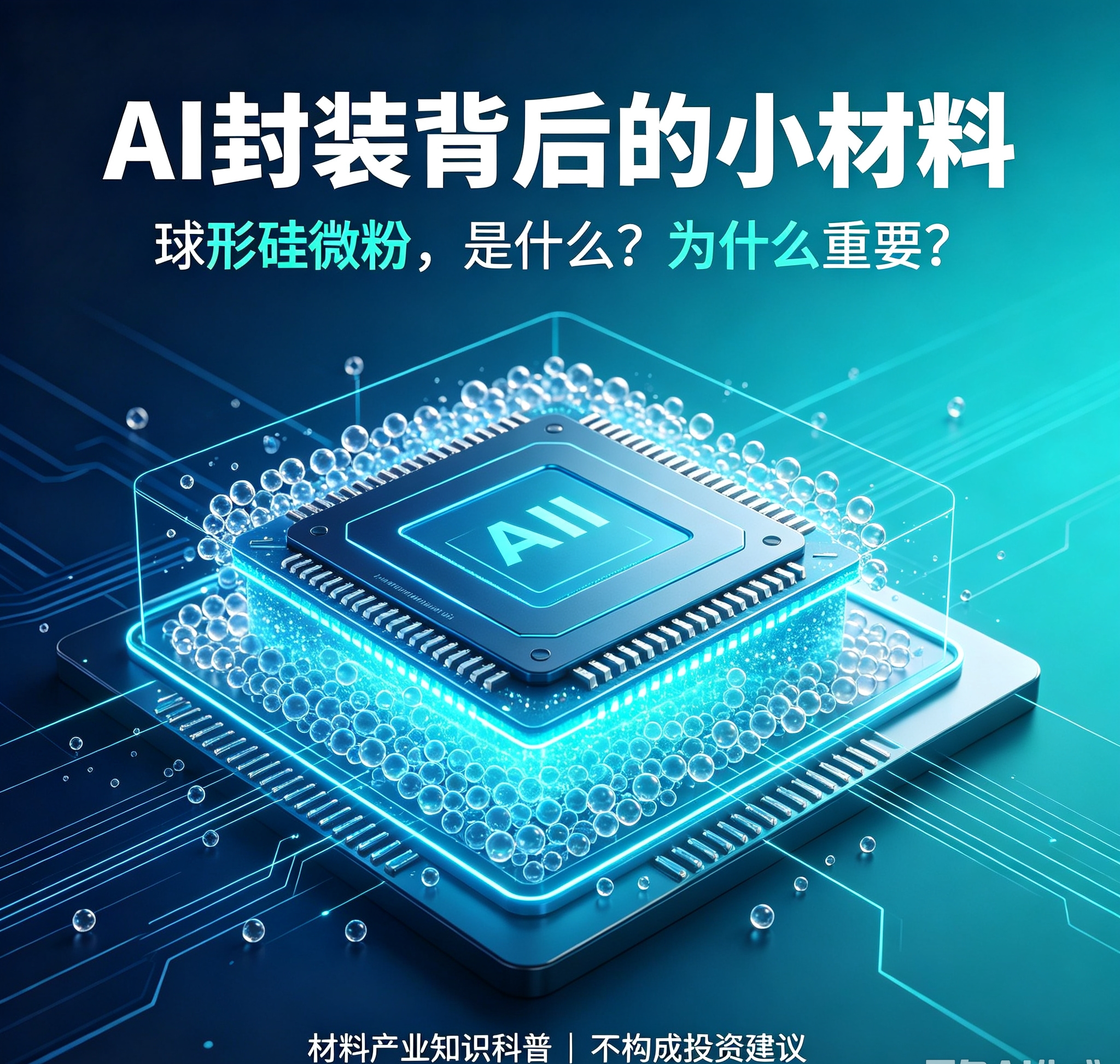 AI芯片封装背后，这种小材料为什么重要？国产替代到底卡在哪一步？
 
很多人看 AI 算力产业链，最先关注的是芯片、服务器。但在芯片封装和高速基板里，还有一类容易被忽视的材料：球形硅微粉。
简单说，球形硅微粉是芯片环氧塑封料和部分高频高速覆铜板中的重要填料。它的作用主要包括降低热膨胀系数、调节绝缘与