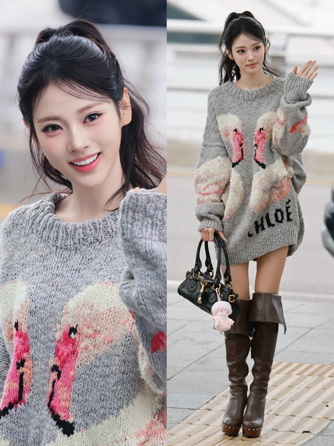 Anna今日机场私服，毛衣配长靴又瘦又高挑