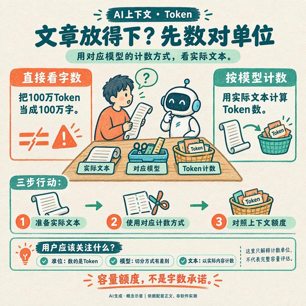 AI标着“100万Token上下文”，就等于能读100万字吗？

答案：不能直接画等号。🤖

Token不是“字数”，更像入场票。文章送进模型前，会被切成大小不一的文本片段：有的票对应一个字，有的可能对应词的一部分、整个词或标点。模型数的是票有多少张，不是原文有多少字。🎟️

为什么不能固定换算？因 ​