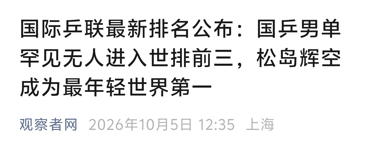 看到国际乒联最新排名，心里真的“咯噔”了一下。国乒男单罕见无人进入前三，而日本小将松岛辉空竟成了最年轻的世界第一！这消息一出，很多球迷脑海里恐怕都冒出了同一个问号：咱们的男乒，难道要步男足的后尘？

先别急着绝望，拿男乒和男足比，其实有点“危言耸听”了。男足的痛，是常年根基薄弱、青训断层带来的无力感