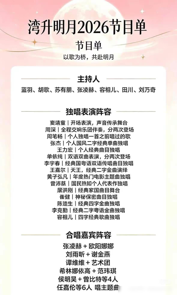 中午十二点官宣，晚上七点四十就开播，这操作够狠。蓝羽、胡歌、张凌赫、容祖儿、苏有朋、田川、刘乃奇，七个主持人挤一个台子。演员歌手主持人全混一块了，电影频道这是把晚会当剧组在攒。容祖儿唱歌的嘴来报幕，张凌赫拍戏的腿来站桩，胡歌上一秒深沉下一秒念手卡。没人管你专不专业，先把你脸放上去再说。
七个话筒往
