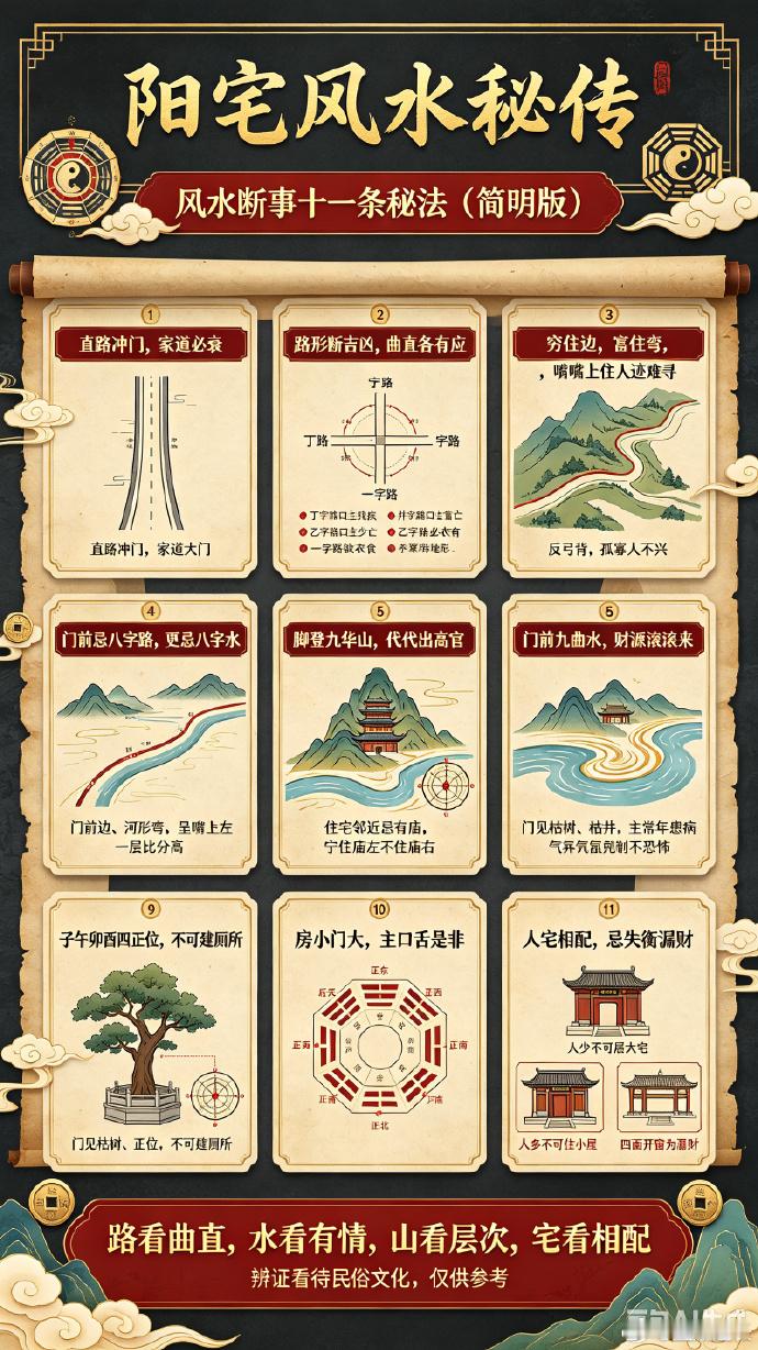 阳宅风水秘传：风水断事十一条秘法（简明版）1、直路冲门，家道必衰直路如枪，若直冲住宅，即为犯冲。长久居住，家运必然逐渐衰落。2、路形断吉凶，曲直各有应丁字路口主残疾，井字路口主少亡，乙字路必富有，一字路缺衣食。若遇反弓背，孤寡人不兴。此说虽显决断，但意思清晰：道路以弯曲曲折为佳，直冲反弓为凶。3、穷住边，富住弯，嘴嘴上住人迹难寻风水谚语云：“穷住边，富猪弯，嘴嘴上住的没人迹。”意思是山形若直，地名多称“某某边”“某某弯”“某某嘴”等。此类说法可大量验证，实践是检验真理的唯一方法，百试百灵。4、门前忌八字路，更忌八字水所谓八字路，即门前有两条道路从住宅两边分开前去。此种格局会出忤逆之人，家中淫秽，子女放纵，家庭不和睦。5、脚登九华山，代代出高官若门前山形层层叠叠，共有九层，且一层比一层高，则必是出高官的风水格局。6、门前九曲水，财源滚滚来九曲水即弯弯曲曲的水流，弯曲九次。“九”只是比喻，象义上弯曲次数越多，财富越大。7、住宅邻近忌有庙，宁住庙左不住庙右寺庙为阴煞之地，又是火旺之地。若...