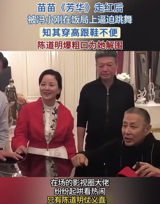 冯小刚喝大了，非要让苗苗当场跳一段。陈道明直接爆了粗口。
2018年大年初一，张燕家宴。陈道明弹琴，张燕唱《绒花》，气氛挺好。结果冯小刚满脸酒气，指着刚演完《芳华》的苗苗说，来，给大家跳个舞。
苗苗穿着高跟鞋，站在原地没动，脸上挂不住。
陈道明先给挡了一句，说她穿高跟不方便。旁边还有人起哄，比