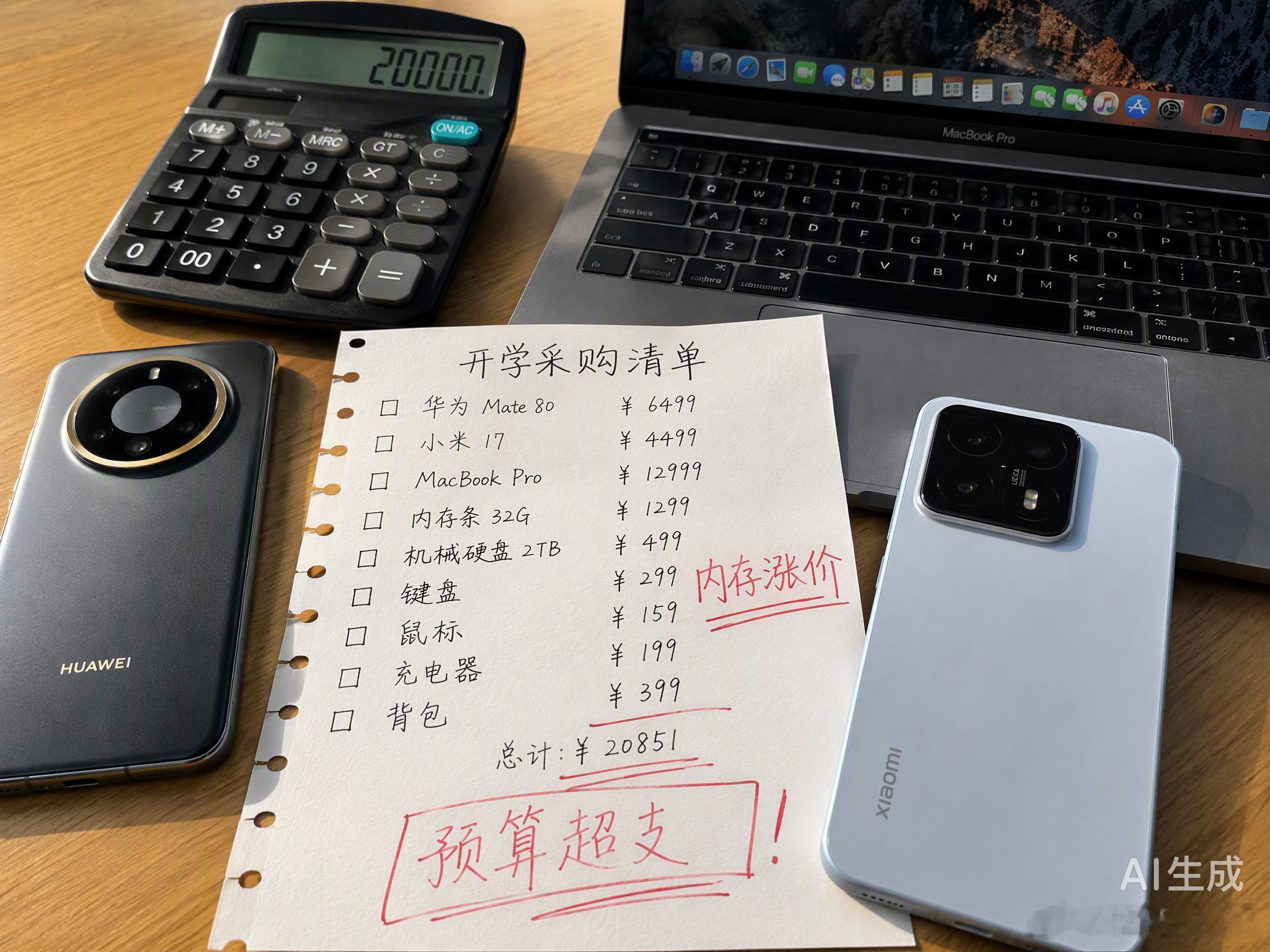 开学季配“数码三件套”，原本以为攒够一万多就万事大吉，结果9月1日这波涨价直接把预算干到了两万。

华为Mate 80系列涨了近千元，小米、荣耀也跟着上调，连苹果Mac和iPad此前都已经全球提价约20%。这背后的逻辑很简单：三星、海力士这些原厂把70%以上的先进产能都切给了AI专用的HBM内存，留给消费级 ​