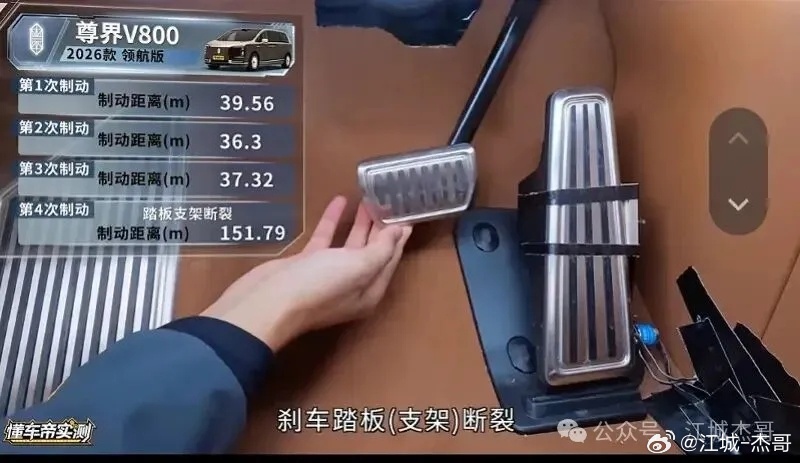 本来尊界V800刹车踏板事件就在网上争论不休，突然又有汽车测评圈人士爆出惊天猛料，直言：只要刹车踏板非钛合金材质，加上测试员深踩踏板的角度足够刁钻，理论上任何车型都存在被踩断的可能。哪怕是百万豪车的踏板都逃不了，只是其他车型的刹车踏板，没有像尊界这样用极端方式测试，并被放在镜头前展示 ​