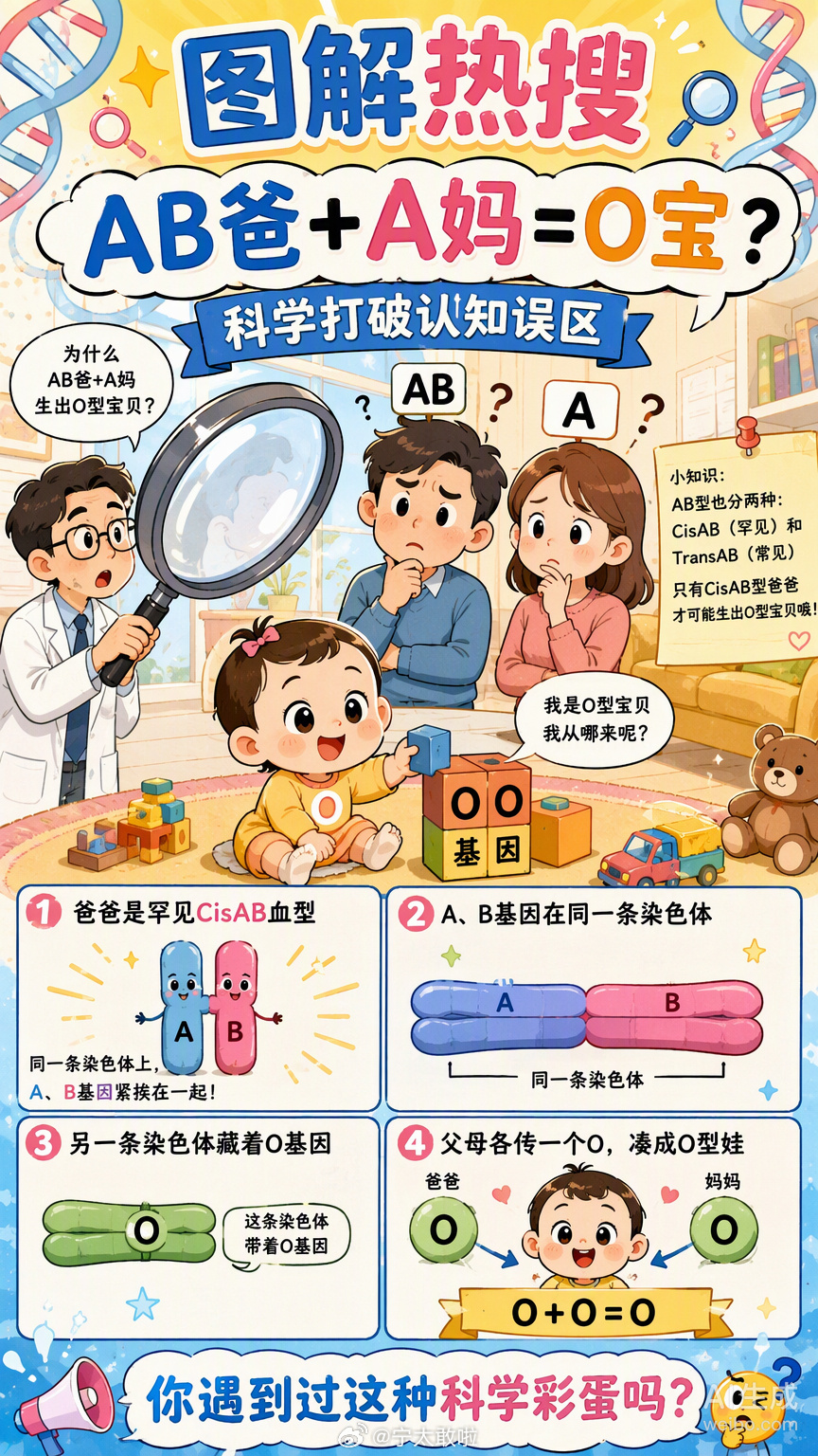 AB型爸配上A型妈，生出来的娃居然是O型血。深圳这位王先生当时心都凉了半截，差点以为头顶要长草，结果医生一查，原来是碰上了万年难遇的CisAB血型。

这种血型特别“狡猾”，A和B基因挤在同一条染色体上，另一条染色体藏着个O基因。爸爸把O传给了闺女，妈妈也正好有个隐性的O，俩O一凑，亲生的O型宝就 ​