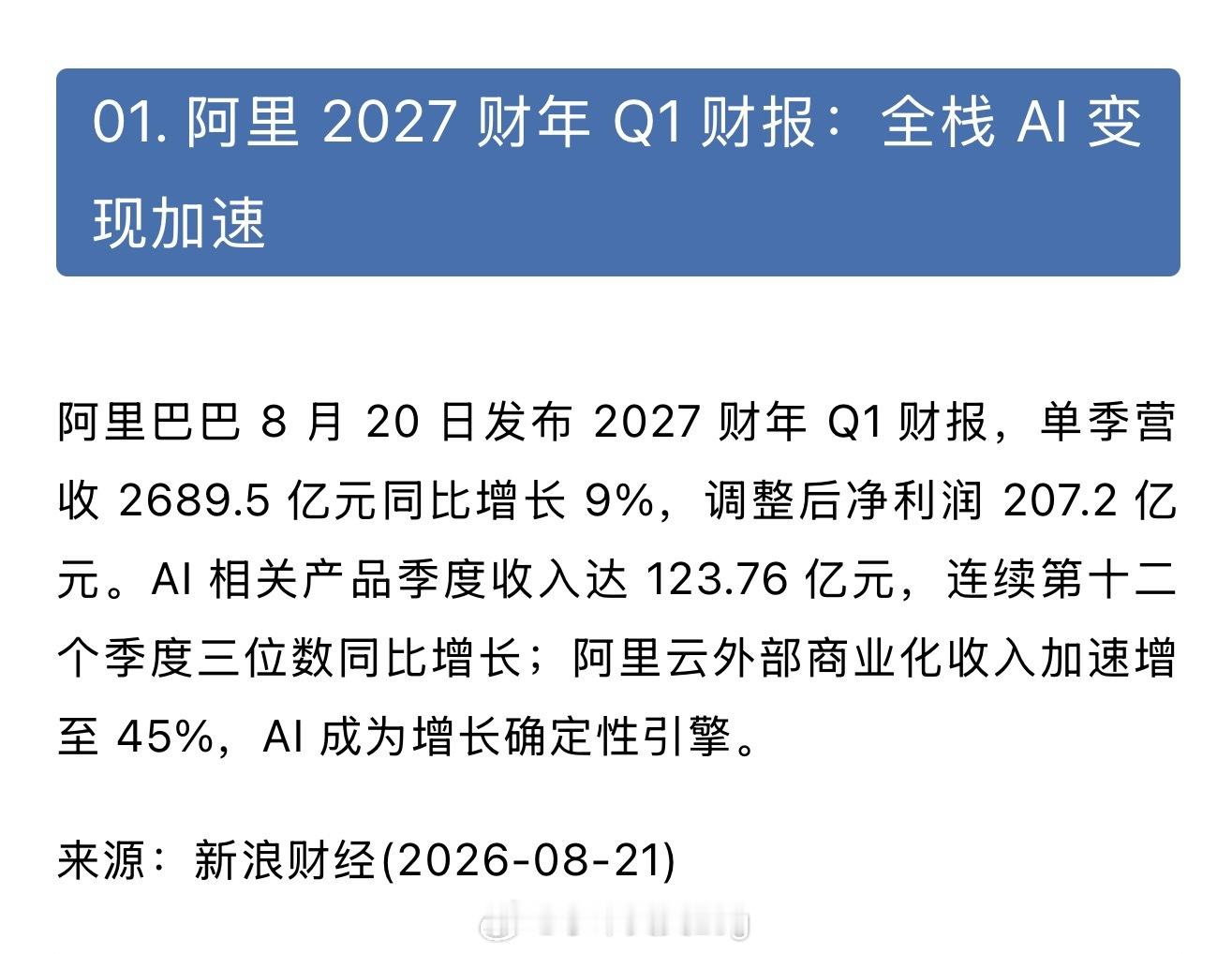 8月20号阿里发了最新一季财报，整体收入同比涨了9%，大盘稳得住。但真正让人眼前一亮的，是阿里云——外部商业化收入增速直接拉到45%，创下22个季度以来的最高纪录。

拆开来看，AI云和算力服务单季收入484.4亿元，经调整EBITA 56.28亿元，同比暴涨133%，利润率也爬到了12%。更猛的是AI相关产品，单季 ​