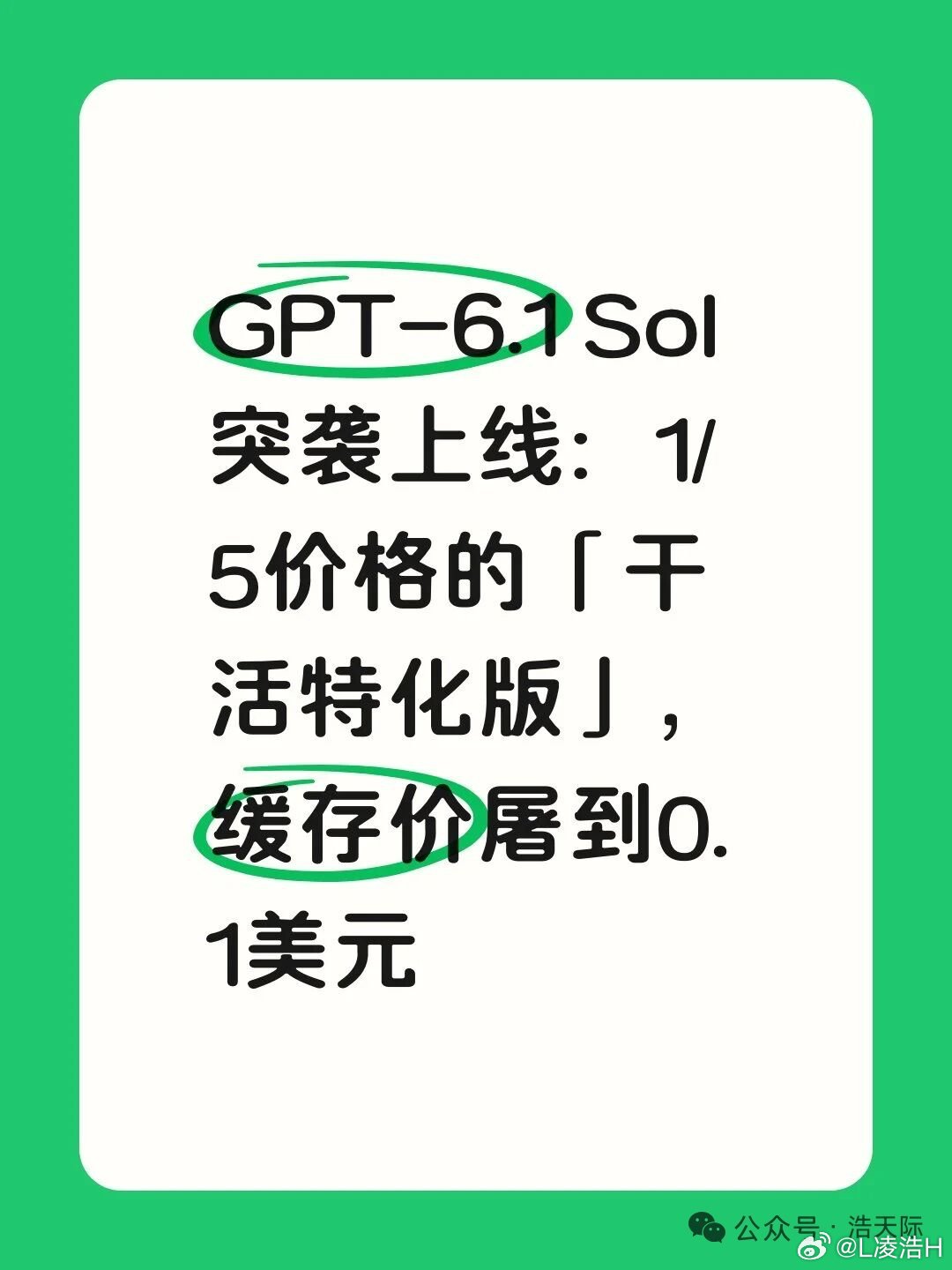 GPT-6.1 Sol突袭上线：1/5价格的「干活特化OpenAI悄悄上线了GPT-6.1 Sol，主打一个“便宜又耐造”。

价格直接砍到五分之一：输入每百万词2美元，输出10美元。最狠的是缓存读取只要0.1美元，比标准输入低了95%。这招明显是冲着批量干活去的。

智能没落下：它离最强的Astra只差1分。在代码和自动化测试 ​