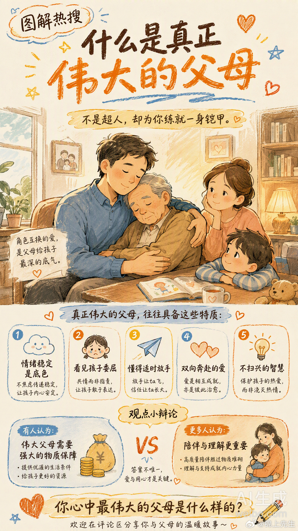 什么是真正伟大的父母 这个话题看得人心里暖暖的，也忍不住想了很多。最近刷到不少关于父母的故事——北京西站那位让年迈父亲倚在自己怀中安睡的儿子，104岁母亲给84岁女儿端水洗脚的画面，还有抖音博主总结的“不扫兴父母”秘诀……这些故事让我重新思考：真正伟大的父母，到底是什么样的？不是给孩子最好的物质条件，也不是事事替孩子做主。而是——· 孩子冲你发脾气时，你看到的是委屈，不是攻击· 孩子跟你顶嘴时，你看到的是需要被肯定的心· 孩子撒谎时，你看到的是恐惧，不是欺骗· 孩子磨蹭时，你看到的是无助，不是懒惰真正伟大的父母，是情绪稳定的后盾，是懂得放手的智慧，是“你养我小，我养你老”的双向奔赴。他们不是超人，却为孩子练就了一身铠甲。他们也曾是闪闪发光的少女/少年，只是因为有了我们，才收起了任性，把温柔都给了家。你心中最伟大的父母，是什么样的？来聊聊吧👇情感热点创作激励计划