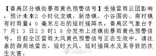 【番禺区分镇街暴雨黄色预警信号】受强雷雨云团影响，预计未来2小时化龙镇...