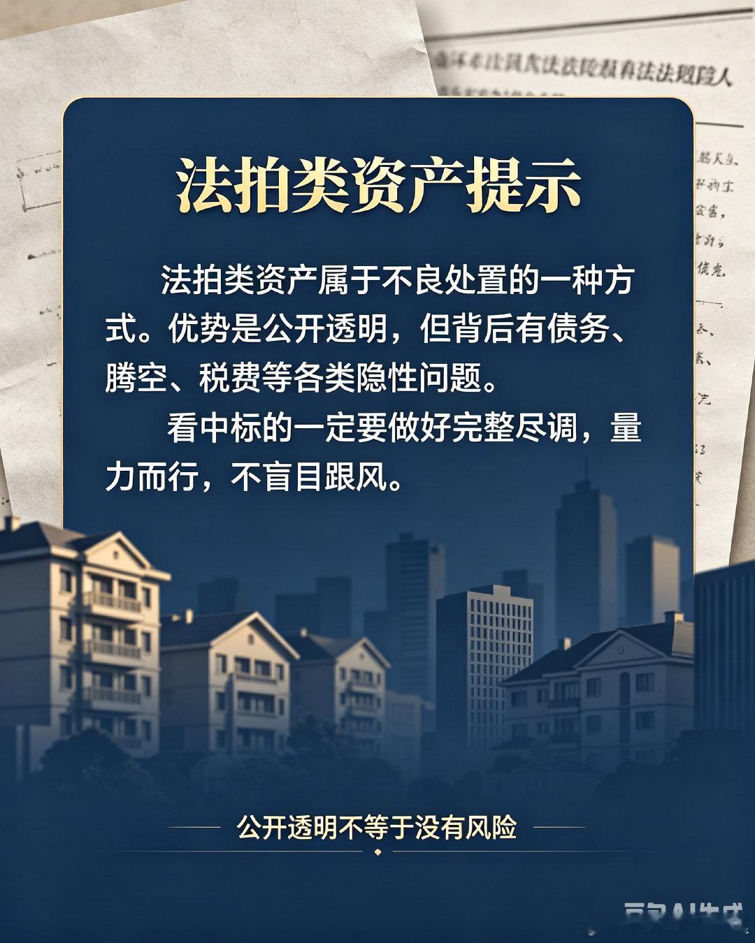 法拍类资产属于不良处置的一种方式。
优势是公开透明，但背后有债务、腾空、税费等各类隐性问题。
看中标的一定要做好完整尽调，量力而行，不盲目跟风。 ​