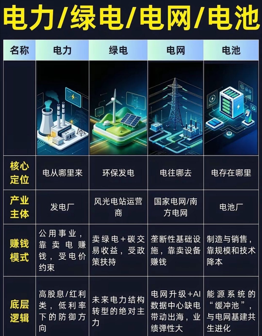 【股市闲聊】图文解析AI算力底座，电力绿电电网电池拆解！

提到AI算力，大家目光大多聚焦芯片，却容易忽略背后整套能源支撑体系！​​其中，电力、 绿电、电网、电池四大赛道共同保障数据中心稳定运行，但它们的定位、盈利模式和底层逻辑截然不同！​​未来随着算力需求持续扩张，能源配套升级的需求 ​