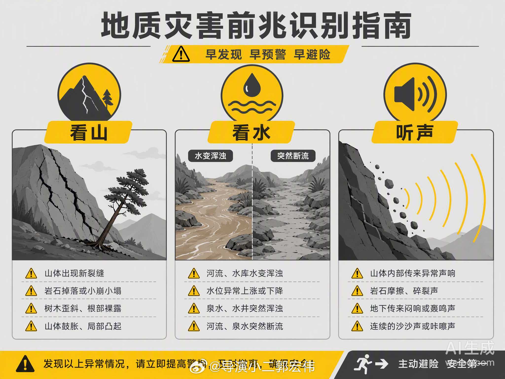识别地质灾害前兆，其实是在学习听懂大自然的“潜台词”。

山体变形是最直观的信号。当山坡出现新增裂缝、坡脚地面隆起，或者房屋墙体开裂、门窗突然关不严时，说明土层已经在悄悄移动。如果看到树木歪斜形成“醉汉林”，或者危岩体频繁掉块，那更是崩塌前的直接预警。

水流的变化同样值得警惕。干涸 ​