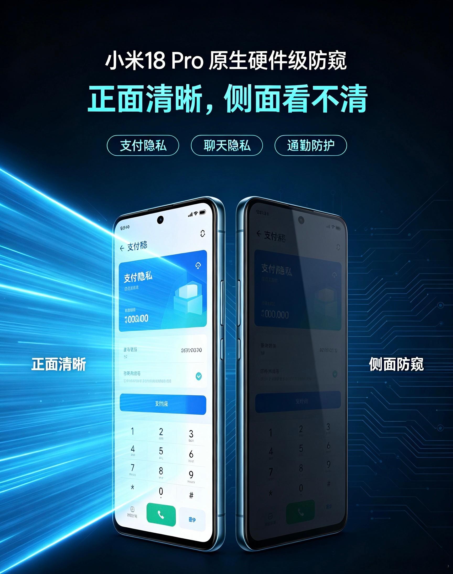 #小米18Pro原生硬件级防窥#小米18 Pro官宣搭载超级像素2.0屏幕，加入原生硬件级防窥。不同于软件模糊或者额外贴防窥膜，从屏幕底层实现隐私防护，正面观看画质不受影响，侧面视角屏幕直接变黑。

支持应用分组设置，输入密码、转账等敏感页面可自动开启防窥，通勤场景保护聊天、支付信息，兼顾屏幕亮度 ​